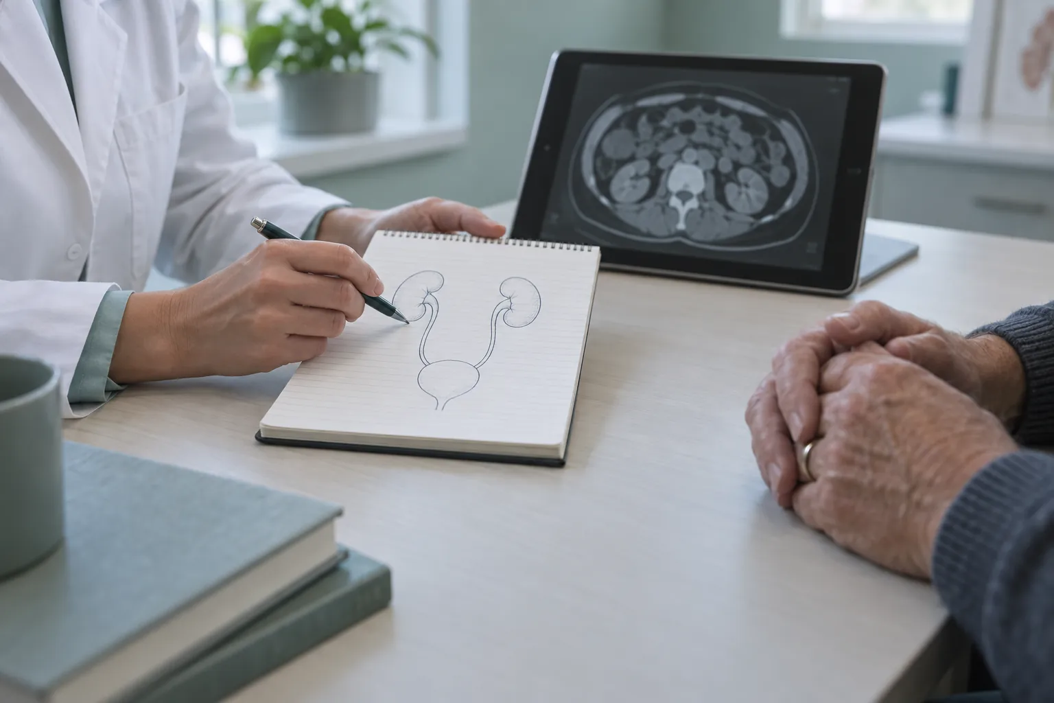 A doctor sketching a diagram to explain a procedure to a patient