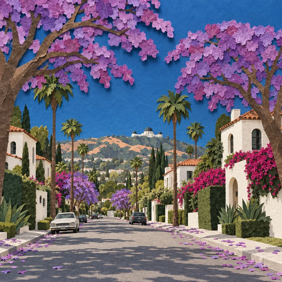Ilustración en papel recortado de una calle de Los Ángeles bordeada de jacarandas, con colinas y un observatorio a lo lejos