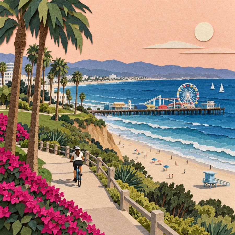 Ilustración en papel recortado del muelle y la playa de Santa Monica, vistos desde un sendero sobre los acantilados